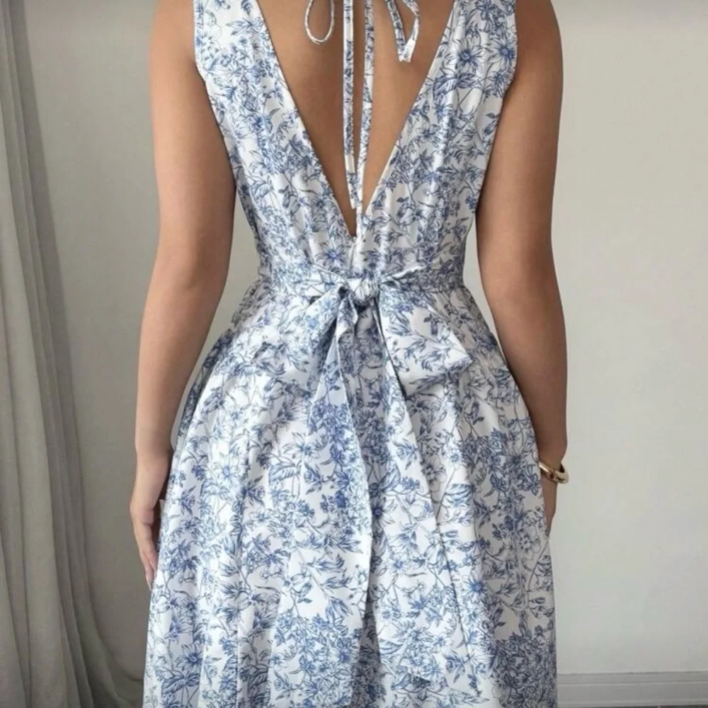 SHEIN Blue Floral Skater Dress Open Back Bow Tie Mini Dress - Picture 3 of 13